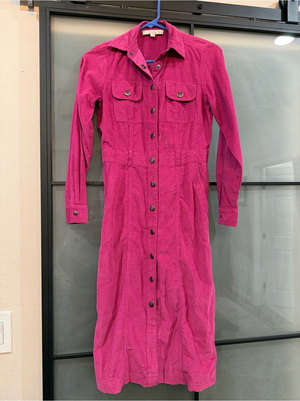 LOFT Snap Button Long Sleeve Corduroy Dress in Fuchsia